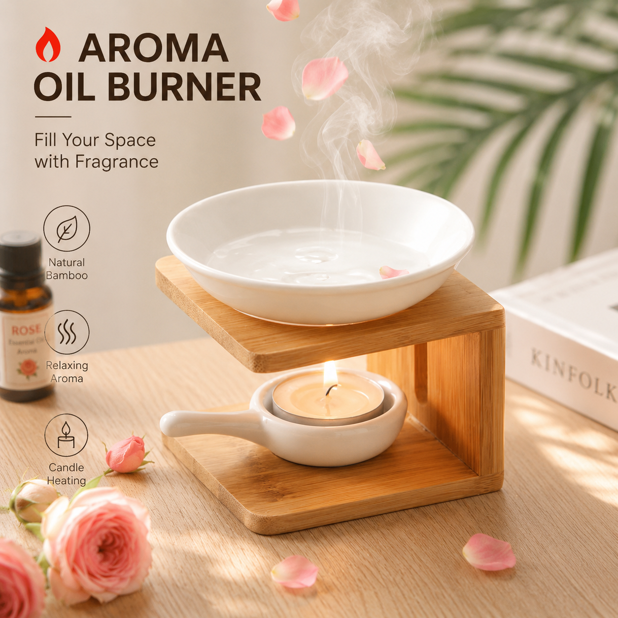 Home Fragrance Oil Burner - Bamboo Ceramic Essential Oil Burner, Aromatherapy